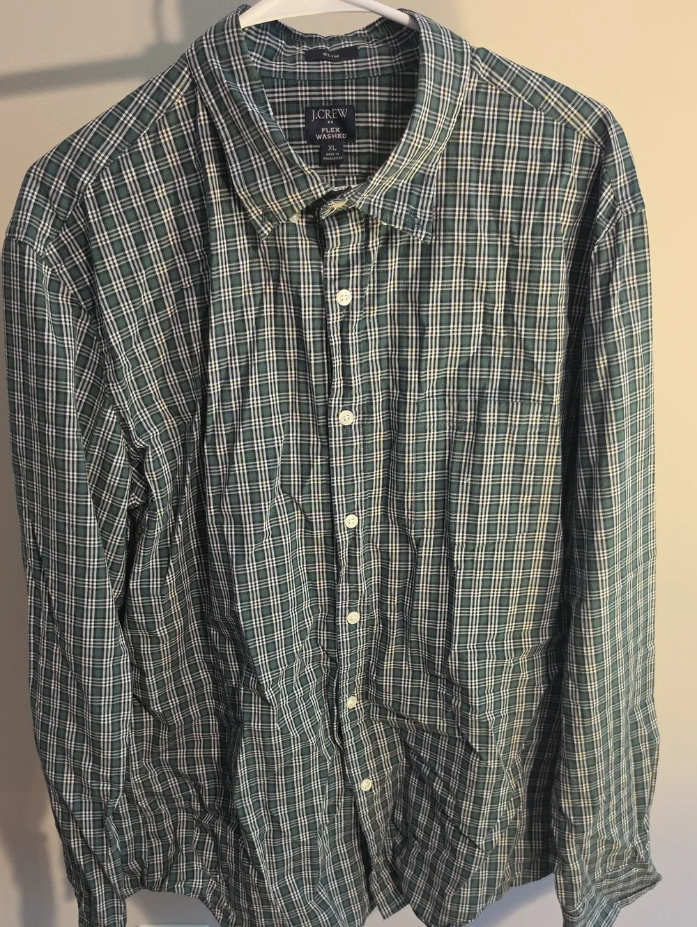 J. Crew Men’s Green and White Plaid Button-Down Shirt - Slim XL